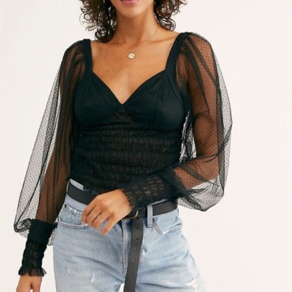 Free People Sheer Long Sleeve Black Blouse - Picture 1 of 10